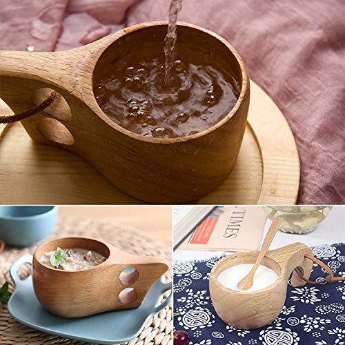 2Pcs Kuksa Wooden Cup,Nordic Style Handmade Kuksa Portable Outdoor Wood Camp Mug,Camping Hiking Survival Teacup,Traditional Wooden Coffee Cup With Wooden Spoon And Leather Lanyard #TOP7