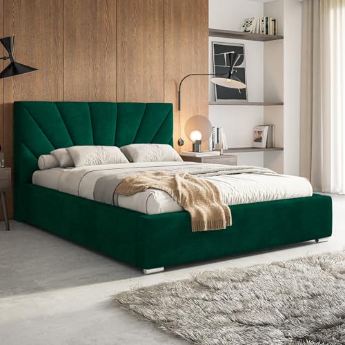 MOTIVENA Sisi Bett 180x200 Grün Samt, mit Stauraum, mit Kopfteil, mit Lattenrost, mit Füßen, ohne Matratze, Polsterbett 180x200 mit Bettkasten Grün (Dunkelgrün)