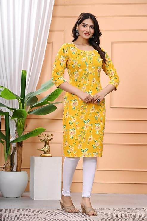 Image of Women's Rayon Straight Kurta || Flower Print Kurta for Women (Yellow)
