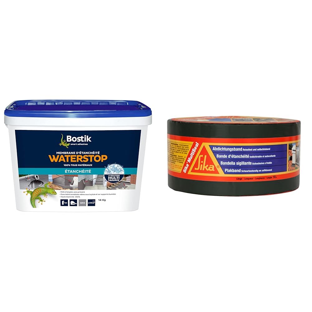 Bostik Membrane d'Étanchéité Waterstop – Jointe, Colle, Rebouche – Réparation de Fuites & SIKA Bande d'étanchéité autocollante résistante à la déchirure, Aluminium, Gris, 75 mm x 10 m