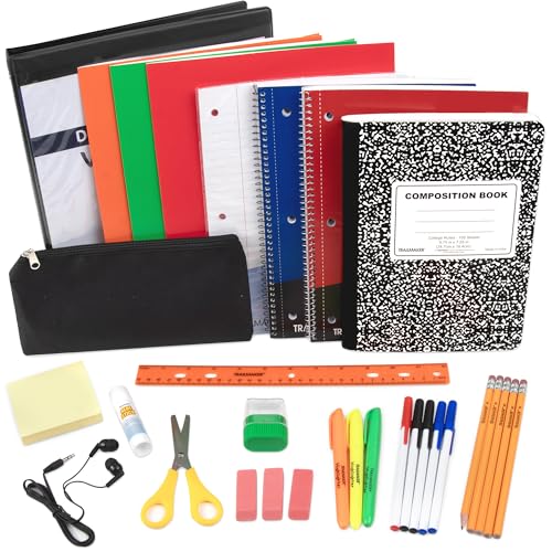 Middle and High School Supplies Kit for Boys, Girls | Home, School Classroom Must Haves Essentials Kit for 5th - 12th Grade Includes Notebooks, Folder, Pencils, Earbuds, Notepad, Binder