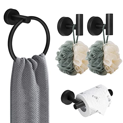 GETLITOOL 4PCS Lot de Rangement de Salle de Bain Moderne 1 PCS Anneau Porte-Serviette 1PCS Porte-Papier Hygiénique 2PCS Crochet à Serviette en Acier Inoxydable 304 Noir pour Salle de Bain Cuisine Spa Cover