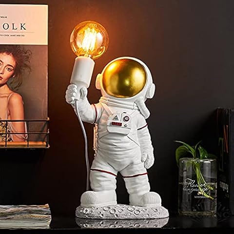 Lámpara de Mesa Infantil ACMHNC Astronaut Spaceman LED, Blanco y Dorado Cover