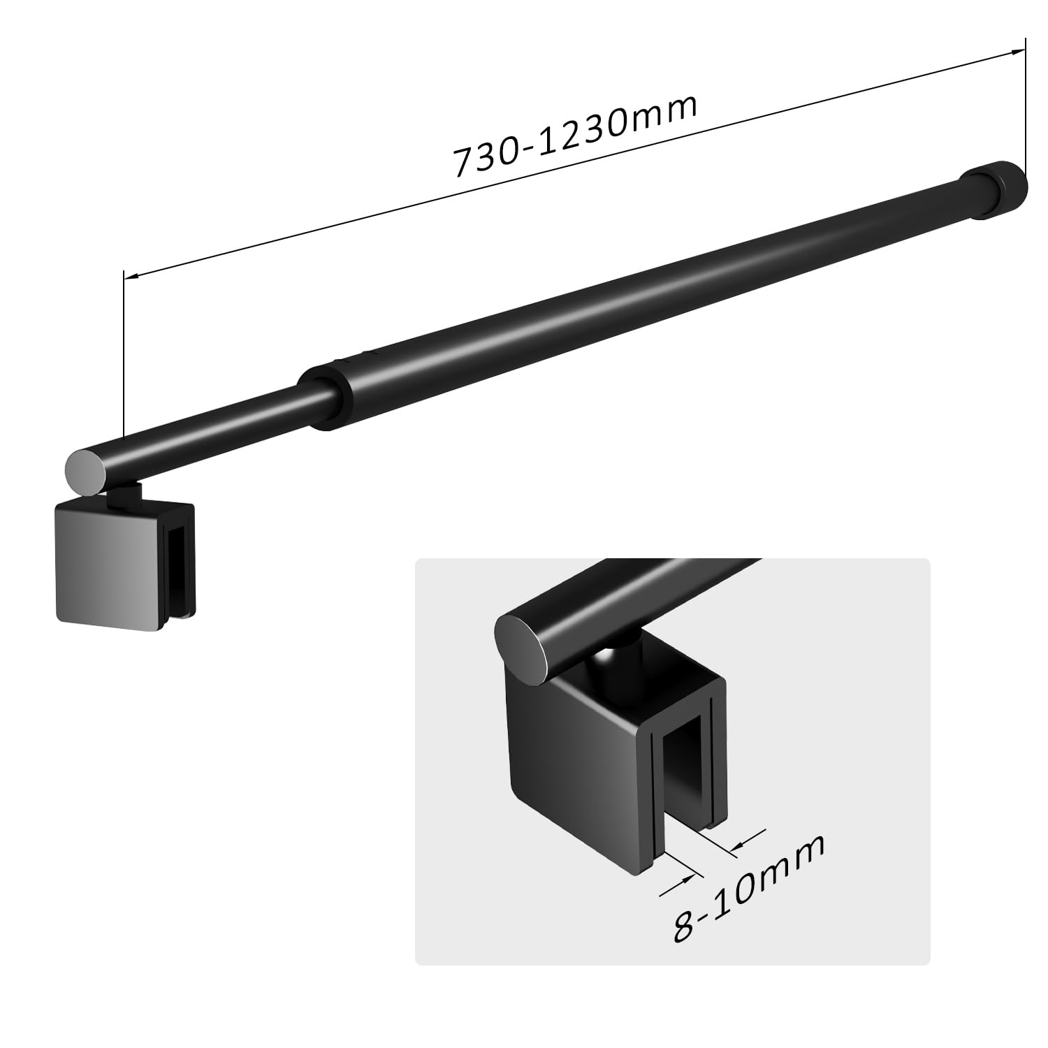 Boromal Barre de support pour paroi de douche - Stabilisateur rond pour verre 8-10 mm - Acier inoxydable 70-120cm, Noir