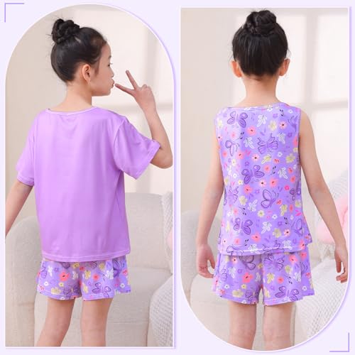 ICOSY Girls Pajamas 3 PCS Kids Pajamas Tank Tops, Short Sleeve Top and Shorts Clothes for Toddler Girls3