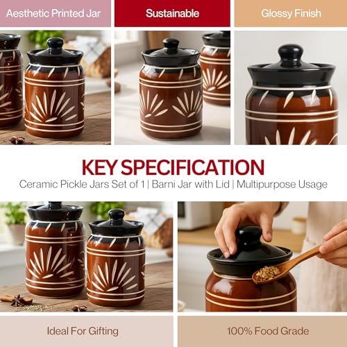 Image of Printed Ceramic Handglazed Pickle Jars Set of 1-1000 ML Each | 1 kg Achaar Martban Barni Jar with Lid | Ceramic Storage Jar Container Pickle /Achar, Chatney