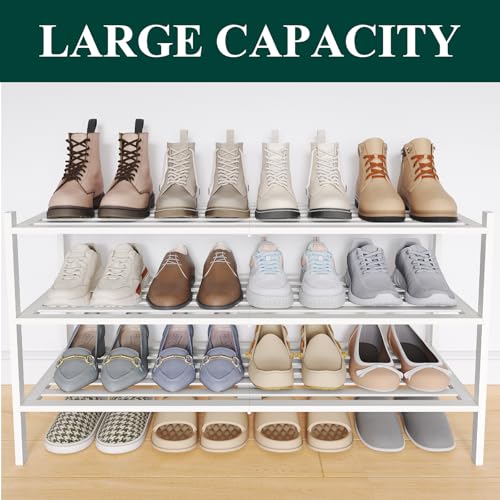 Image of Smiry Bamboo Shoe Rack, 5 Horizontal Slats, 3 Tier - 33.9 inch Wide, White