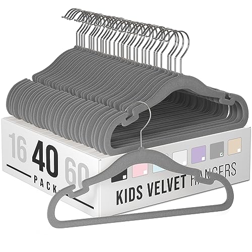 Image of Clothes Baby Hangers for Closets - Unique Notches for Non Slip. Heavy-Duty Velvet Kids & Toddler Hangers for Closet | Ultra Thin Design for Space Saving. Ganchos De Ropa para Bebe (40 Pack Grey)