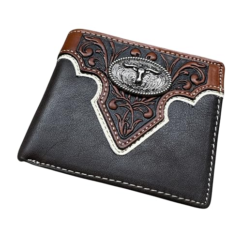 Men’s Short Leather Wallet – Tooled Inlay with Longhorn Concho – Western Cowboy Bifold Front Pocket Wallet for Ranchers, Rodeo Riders & Gift Ideas