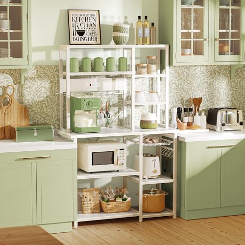Image of SUPERJARE Large Bakers Rack with Power Outlets, 6-Tier Microwave Stand, Coffee Bar with 12 S-Shaped Hooks, Kitchen Shelf with Wire Basket, 39.4 x 14.6X 66.9 Inches, White