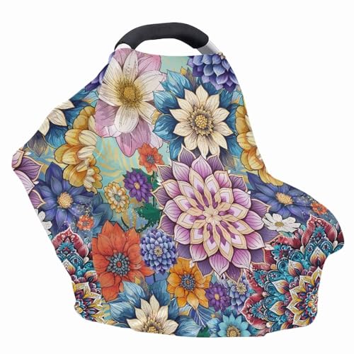 Image of Mandala Flower Car Seat Covers Multi-Purpose Decorative Pram Dust Protector Breastfeeding Scarf Durable Stroller Canopy Covers Washable Breastfeeding Shawl