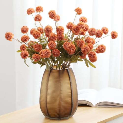 Xshelley 6pcs Pompon Mum Artificial Flower,Faux Silk Mini Chrysanth with Stems,for DIY Bouquet Centerpieces Office Wedding Decoration (Burnt Orange)