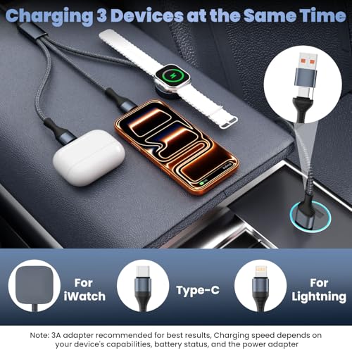 Image of Travel Essentials,3 in 2 USB A /C Cable for Watch Charger /iPhone 17 Charger /IP Cable Designed for iWatch Chargers, Multi Charging Cable Compatible with iPhone 17-11 /iWatch 11-1 /ultra /se 6FT