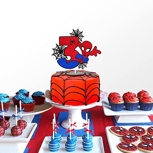 Spider 3Rd Birthday Cake Topper Spider Cartoon Movie Themed Happy 3S Birthday Cake Decorations For Men Boy Children Three Bday Party Supplies Double Sided Glitter Black Décor #TOP6