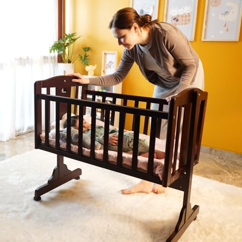 Image of R for Rabbit Dream Time Baby Wooden Cradle, Cot & Crib for Newborn Kids Bedding Set, Sleep Swing with Wheel Lock Function, Age 0-6 Months Upto 20 Kg Weight Capacity (Brown)