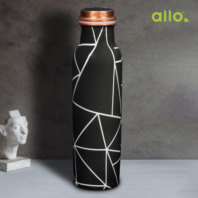 Image of Allo Pure Copper Water Bottle 1 Litre Copper Bottle | Alkaline and Anti Oxidant | 100% Leak Proof, Office, Gym Bottle, Modern Tamba Bottle for Adults, Best Gift for Diwali (Black Abstract Line)
