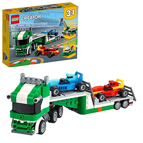 LEGO 31113 Creator 3-In-1 Rennwagentransporter Spielzeug LKW mit Anhänger, Kran und Boot, Rennwagen Autotransporter, Spielzeugauto für Kinder ab 7 Jahre