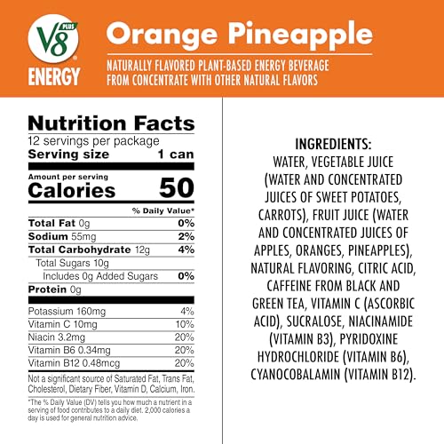 Image of V8 +ENERGY Orange Pineapple Energy Drink, Made with Real Vegetable and Fruit Juices, 8 FL OZ Can (2 Packs of 12 Cans)