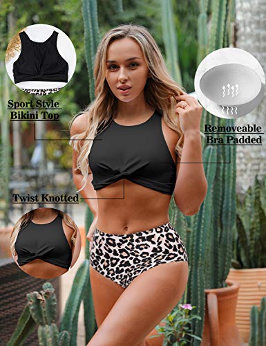 Blooming Jelly Women's High Waisted Bikini Leopard Print Twist Two Piece Swimsuit High Neck Knotted Leaf Print Bathing Suit (Small, Leopard) #TOP1