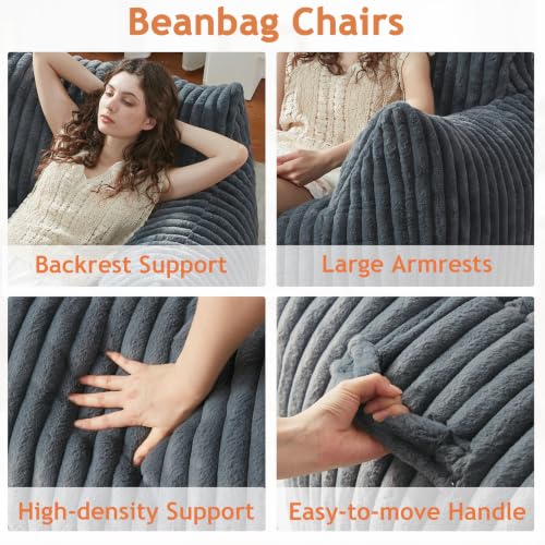 Image of Giant Bean Bag Chairs for Adults Teens with Filling Large Fluffy Bean Bag Chair with Armrests Plush Comfy BeanBag Couch Sofa Chair for Bedroom Living Room Reading