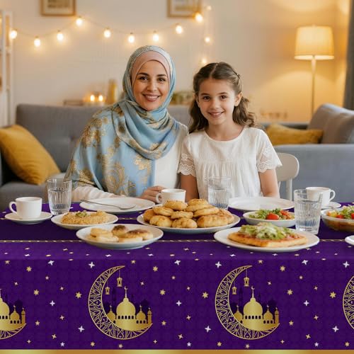 Image of Childom 3 Pack Ramadan Table Cloth,Ramadan Decorations for Home,54 inch x 108 inch Eid Mubarak Decorations,Eid Ramadan Tablecloth Rectangular,Purple Plastic Table Cloth Disposable Table Cover for Party Favors