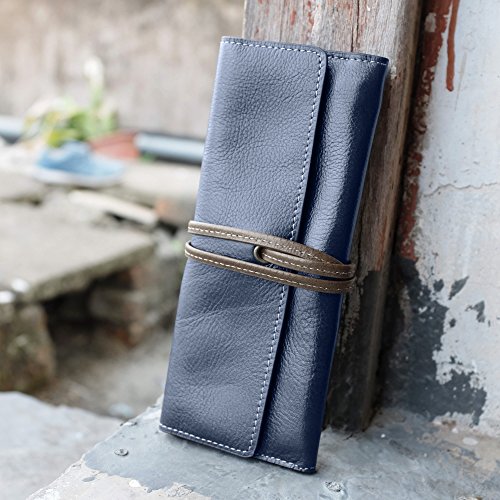 Image of ZLYC Handmade Leather Pencil Case Soft Roll Bag Stationery Gift,Blue | multi slot pen storage design,school class daily use,office desk organizer,graduation holiday gift,foldable portable size