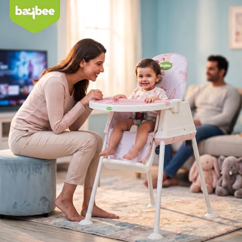 Image of Baybee 4 in 1 Convertible High Chair for Kids | Foldable Baby Feeding Chair with Safety Harness, Adjustable Tray, Booster Seat | Easy to Clean, Portable Dining Chair (Lite Pink)