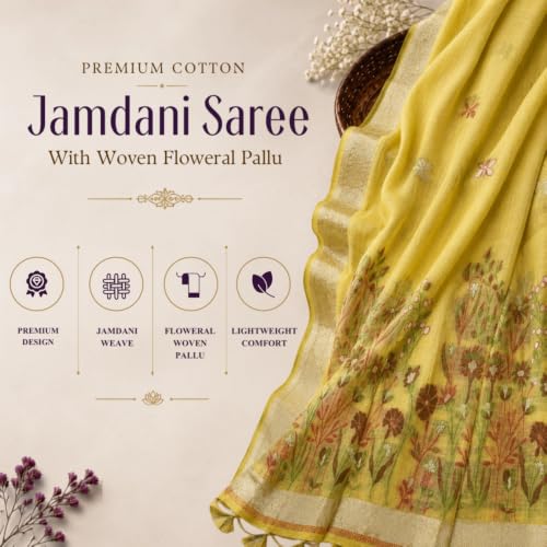 Image of Premium Cotton Jamdani Saree with Woven Floral Pallu & Matching Blouse Piece | Soft Lightweight Ethnic Wear for Women