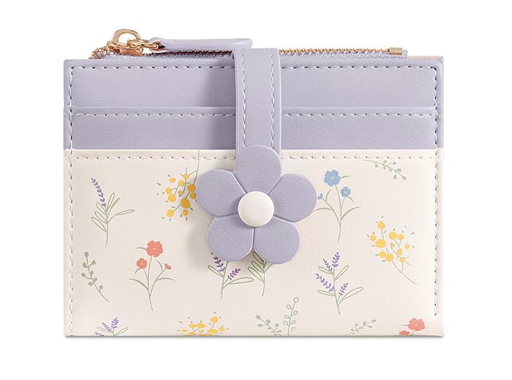 Women Mini Wallet with Zip Coin Pocket | Floral Print Card Holder Purse | Compact PU Leather Wallet for Girls & Ladies (Purple)