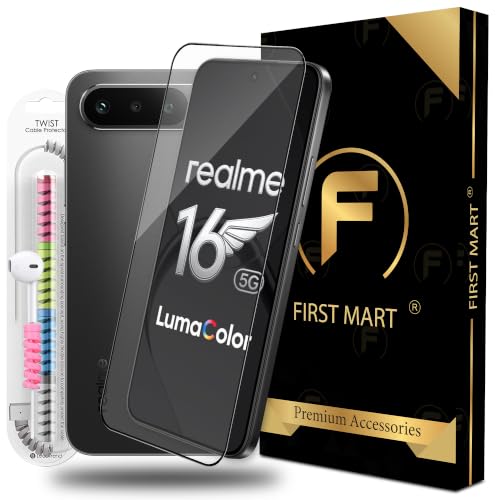 Image of FIRST MART Tempered Glass for Realme Narzo 90, Realme 16 and 15T, 9H 0.3 mm Full-Glue Screen Protector with Cable Protector, 3D Edge-to-Edge, HD Clear, Case-Friendly, Black, Pack of 1
