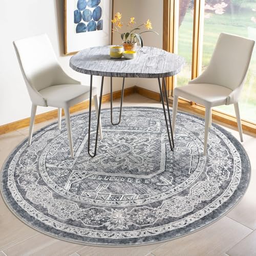 KUTA Oriental Round Rugs 5ft, Grey Washable Circle Rug 5ft, Non-Slip Printed Vintage Medallion Carpet for Living Room, Soft Cozy Dining Kitchen Throw for Entryway
