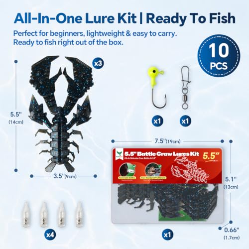 Image of Battle Craw Soft Plastic Crawfish Lures Kit with Removable Rattles | Salt Infused Creature Bait for Bass Fishing, Texas Rig & Jig Trailer Lure in Tackle Box, Realistic 1:1 Claw-to-body 4.1 /5.5in