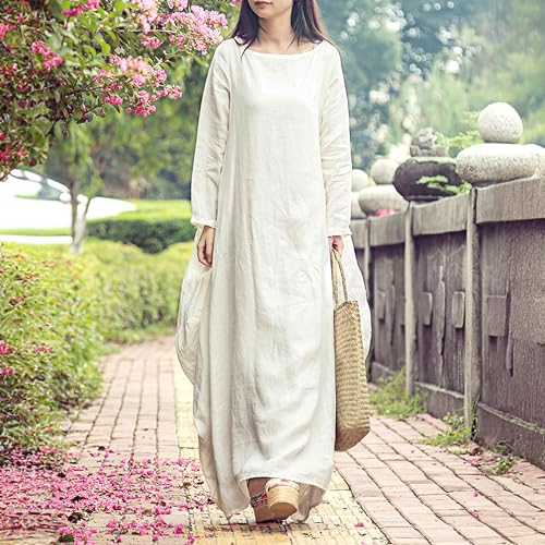 Image of Women's 2025 Spring 100% Linen Long Dress with Long Sleeve Maxi Dress Casual Loose Fitin Solid Color Pockets