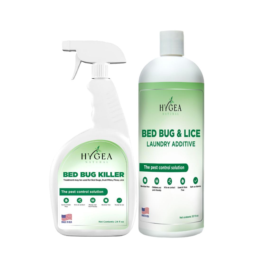 Hygea Natural Bed Bug & Lice Elimination Combo Kit - Includes 24 oz lice & Bed Bug Spray and 32 oz Lice & Bed Bug Laundry Additive - Gentle Formula