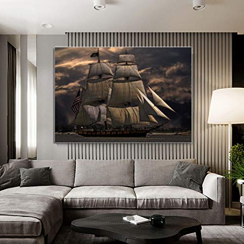 Voilier Océan Bateau Paysage Affiches vintage peinture sur toile décoration murale salon 80x110