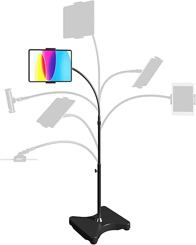 Levo Soporte de piso de altura ajustable para tableta y teléfono, soporte de cuello de cisne con base estable, compatible con todos los teléfonos
