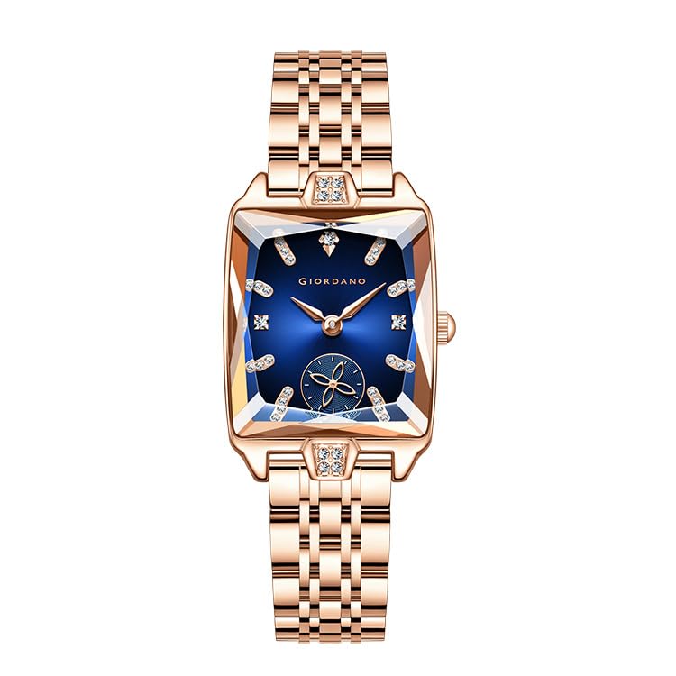 Image of Giordano Analog Watch for Women - Rectangular Dial, Crystal Hour Markers and Rose Gold Stainless Steel Strap