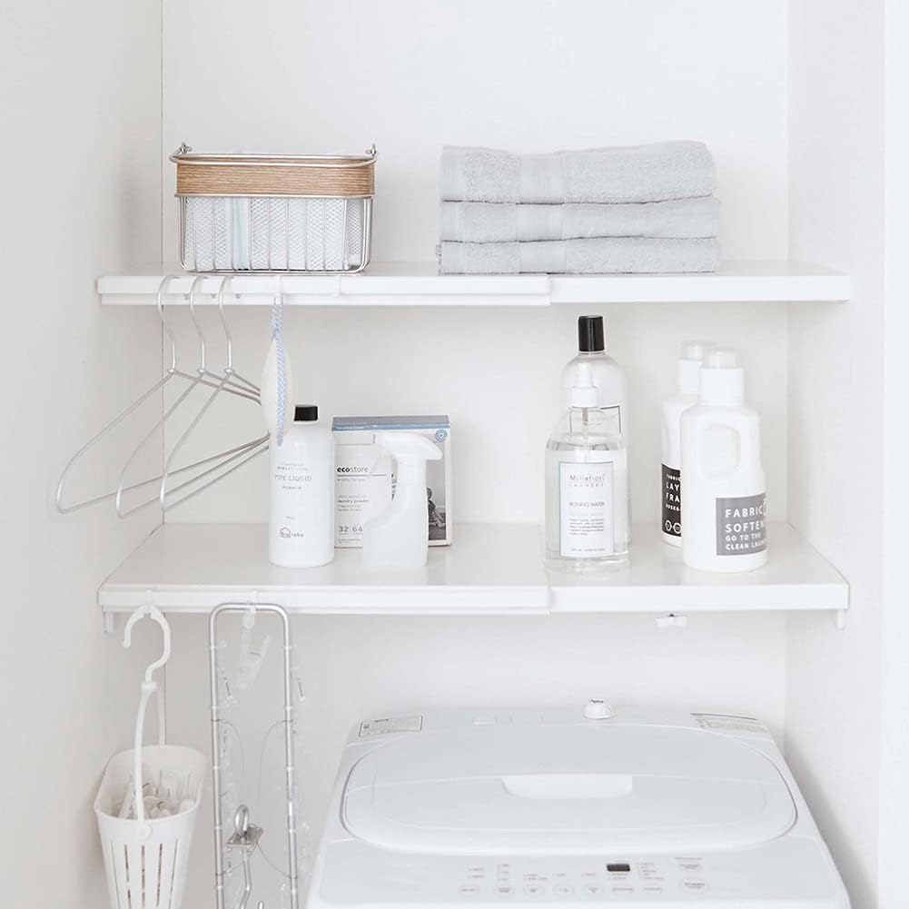 Yamazaki 5322 Telescopic Shelf for Tension Rods, Large, White, Approx. W 18.3-35.4 x D 14.0 x H 1.2 inches (46.5-90 x 35.5 x 35.5 cm), Tower, Simple Shelf, Just Put On A Tension Rod