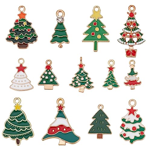 SUNNYCLUE 1 Box 52Pcs Christmas Tree Charms Green Enamel Charm Winter Xmas Trees Rhinestone Snow Assorted Cute Christmas for jewellery Making DIY Necklace Earrings Bracelets Craft