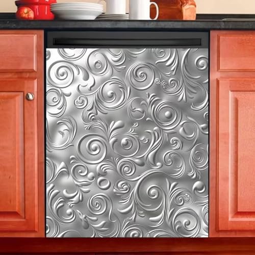 Silver Vines Magnetic Panel Decal,Metal Wave Flower Dishwasher Cover,Stainless Steel Pattern Dishwasher Sticker Kitchen Art Fridge Door Skin,Dishwasher Magnet Cover Home Decor Decal,Vinyl Sticker