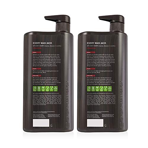 Every Man Jack Mens Cleansing 3-in-1 All Over Wash for All Skin and Hair Types - Cleanse, Nourish, and Repair Your Skin and Hair with Naturally Derived Soy Proteins, Aloe, Glycerin and a Rugged Cedarwood Scent - Twin Pack
