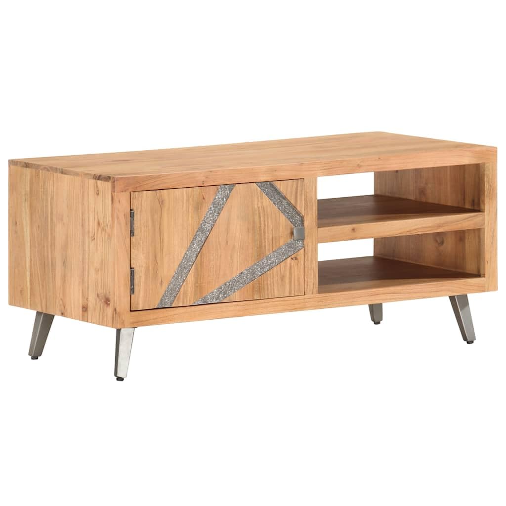 Table de salon en acacia massif avec rangements pour des soirées conviviales autour du canapé