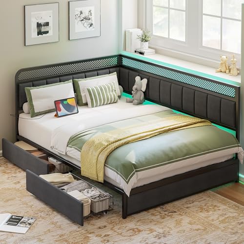 LIKIMIO Full Corner Bed Frame with Storage Drawers and Charging Station, Modern Full Daybed with LED Lights and Upholstered Guardrail, Gray