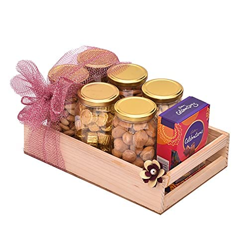 Image of NUTRI MIRACLE Rakhi Dry Fruit & Nut Gifts Box /Hamper For Brother /Bhai With Floral Couple Pair N Chocolates, 650gm