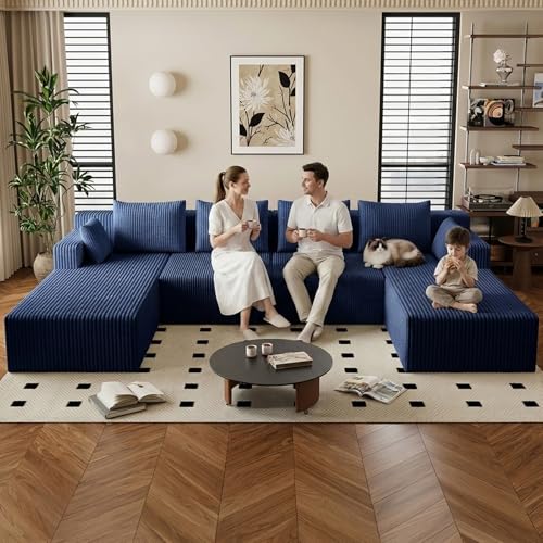 Image of 142 inch Cloud Sectional Boneless Couches for Living Room, Modular U Shaped Couch with 2 Chaise, Modern Comfy Deep Seat Corduroy Memory Foam Compressed Sofa for Apartment, Blue