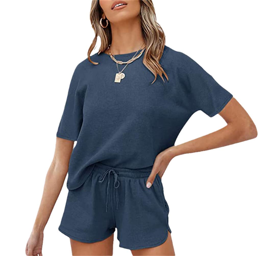 Donne Primavera Rib Manica Corta Famiglia Colore Puro Tempo Libero Indossare Sport, Blu reale, XXL