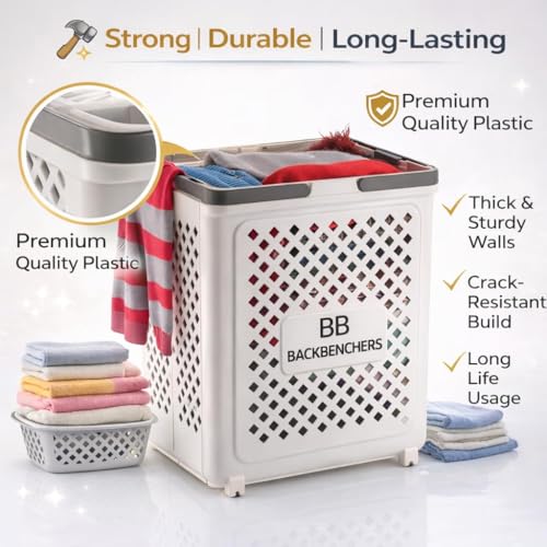 Image of Laundry Bag, Large Laundry Basket, Durable Plastic Storage Basket with Ventilated Diamond Design With Wheel At Bottom, Grey Rim Bathroom & Bedroom Organizer, 45L (PACK OF 1)
