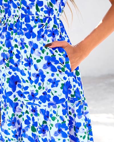 dowerme Womens Summer Dresses 2026 Casual Puff Short Sleeve V Neck Floral Boho Tiered Ruffle Maxi Dress with Pockets(White Blue Flower,Large) — view 6