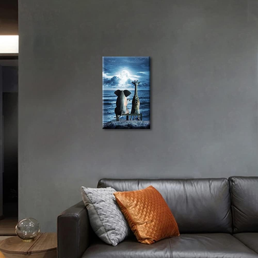 Elephant and Giraffe Sit on a Seaside Stool Blue Ocean Wall Art Painting Print On Canvas Animal Pictures for Home Decor Decoration Stretched and Frame Ready to Hang 8x12inch (20x30cm) - Image 4