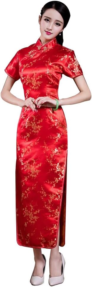 Women Cheongsam Long Dress Evening Short Sleeve Slim Fit Maxi Dress Floral Faux Silk Stand Collar Bodycon Qipao